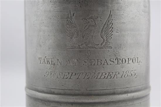 Crimean War Interest: A large 19th century pewter tankard, 6.5in.